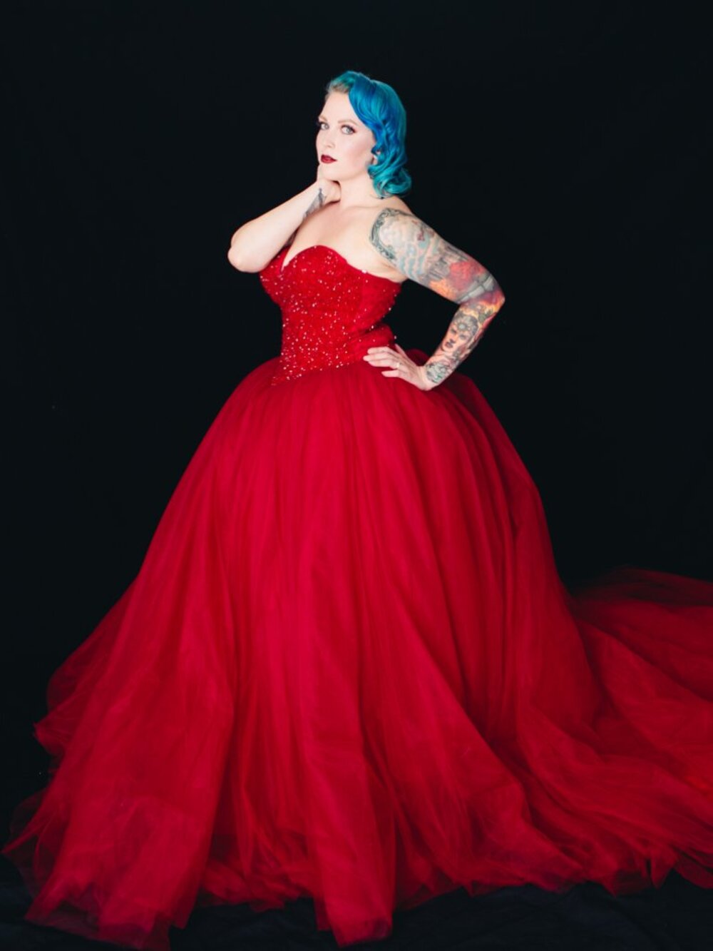 Custom Red Ball Gown Crystal Beaded Sweetheart Tulle Train Adjustable Back
